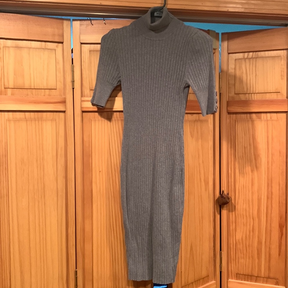 Moda international gray ribbed knit mock neck dress